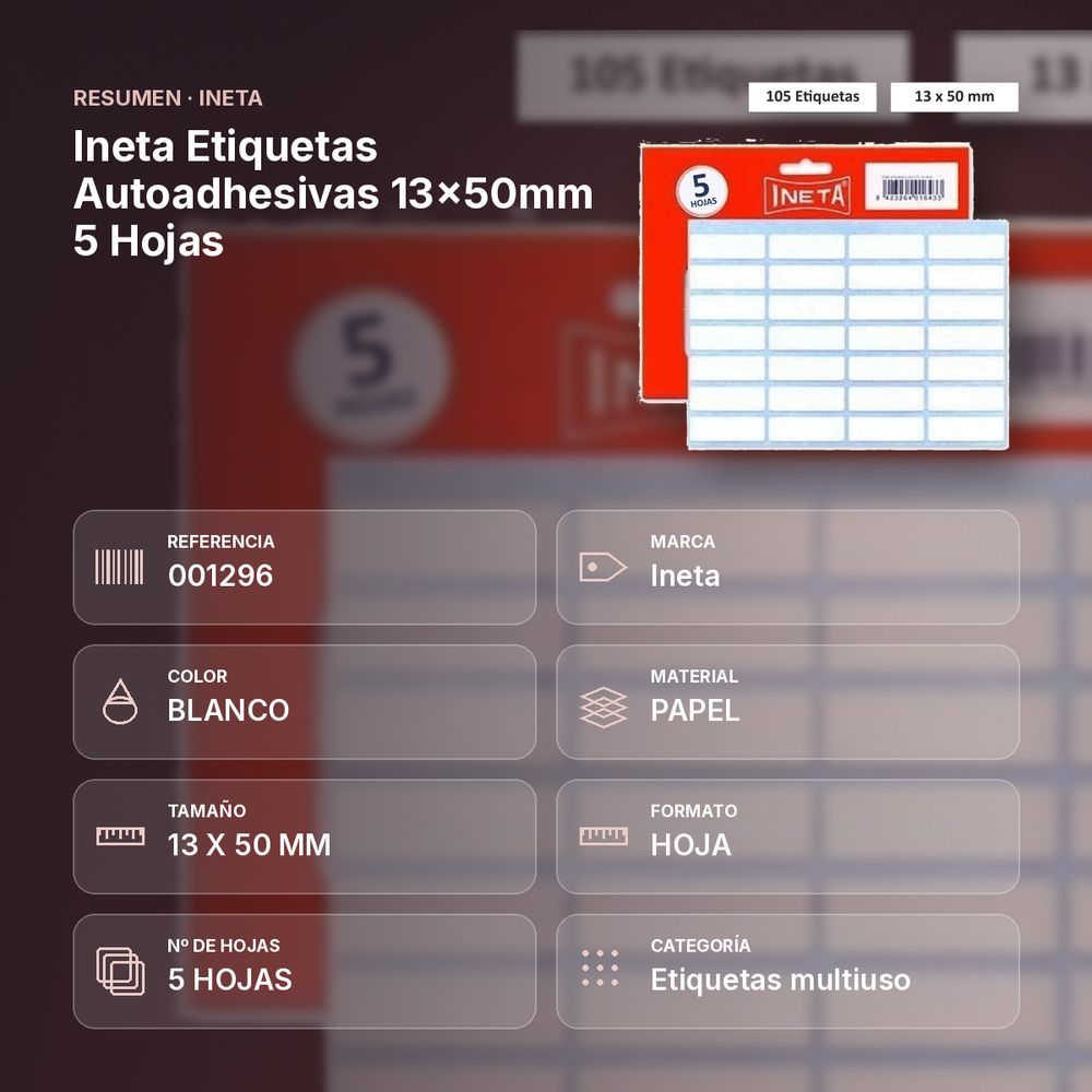 INETA ETIQUETAS AUTOADHESIVAS 13X50MM 5 HOJAS - resumen de atributos