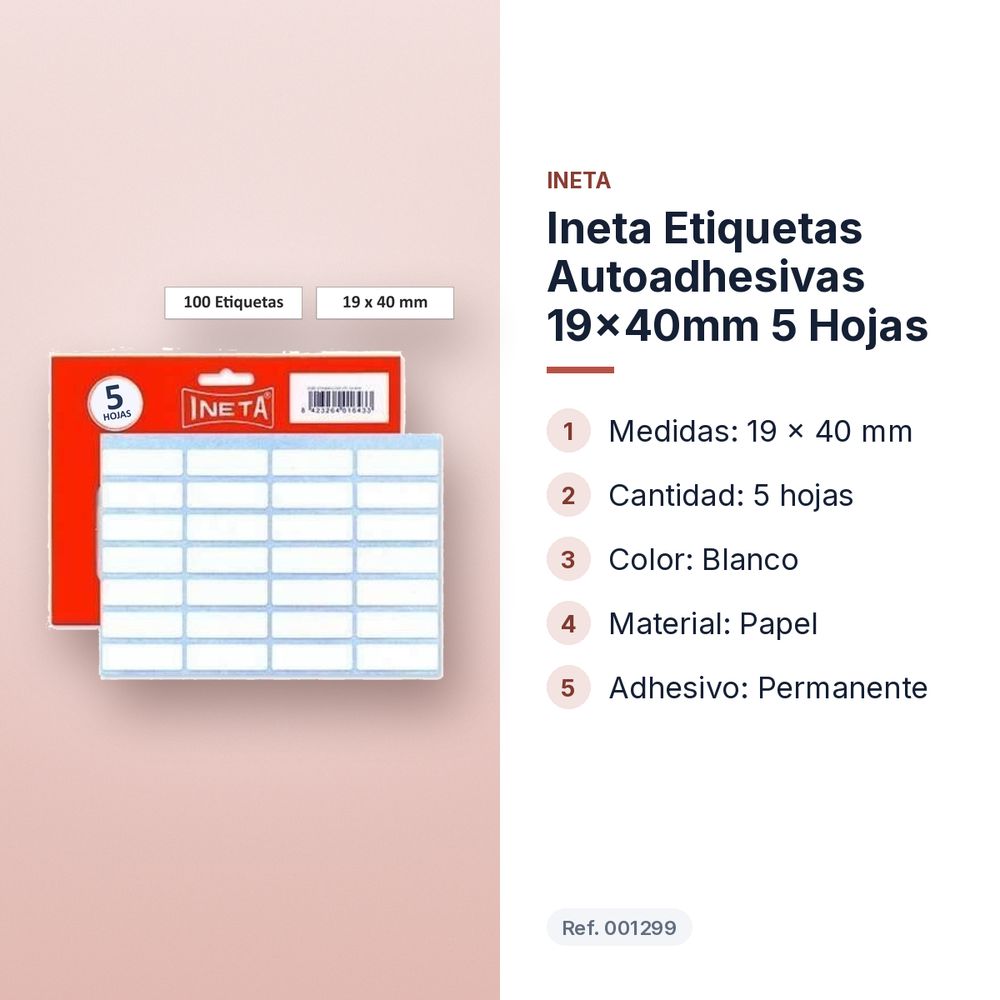 INETA ETIQUETAS AUTOADHESIVAS 19X40MM 5 HOJAS - características principales