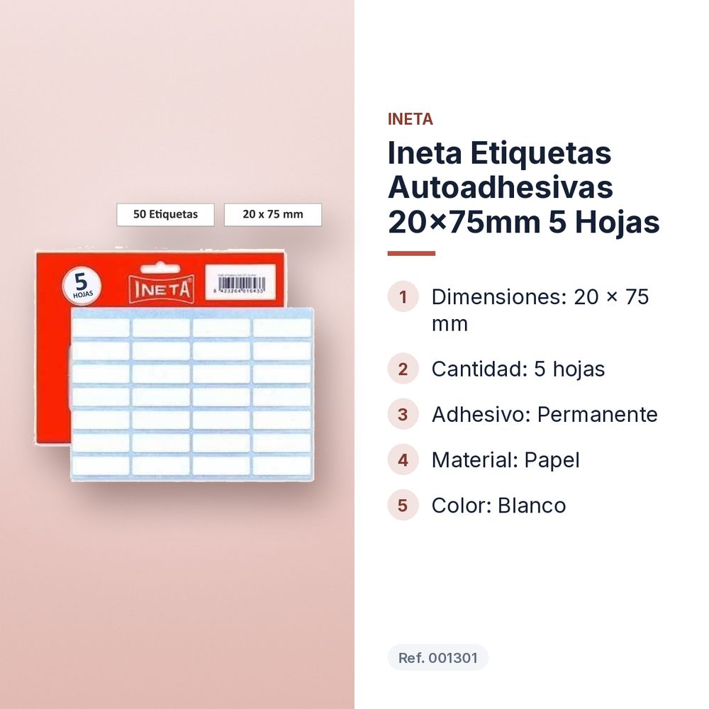INETA ETIQUETAS AUTOADHESIVAS 20X75MM 5 HOJAS - características principales
