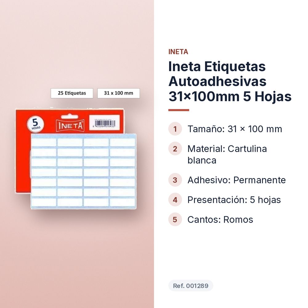 INETA ETIQUETAS AUTOADHESIVAS 31X100MM 5 HOJAS - características principales