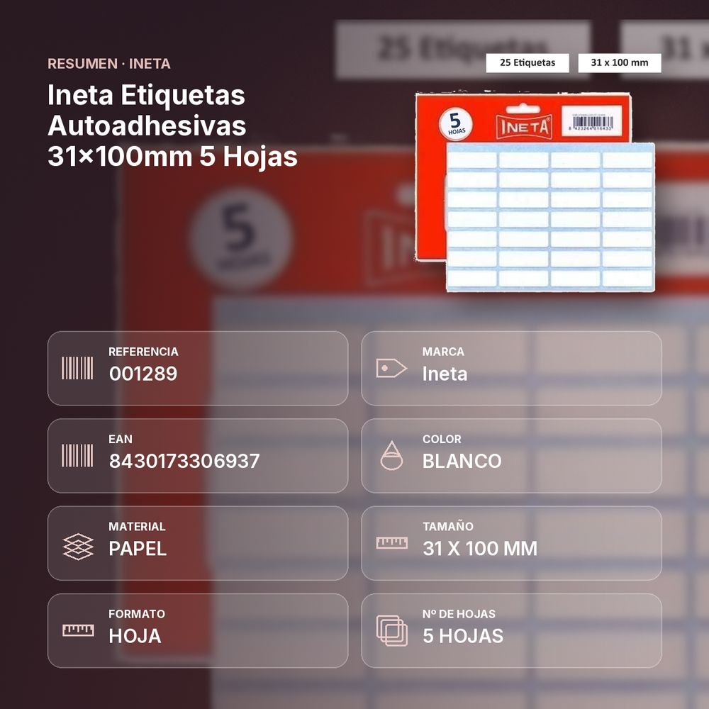 INETA ETIQUETAS AUTOADHESIVAS 31X100MM 5 HOJAS - resumen de atributos