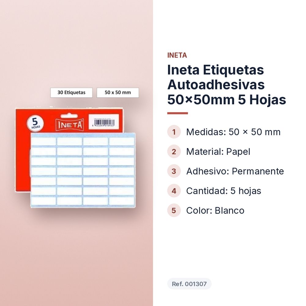 INETA ETIQUETAS AUTOADHESIVAS 50X50MM 5 HOJAS - características principales
