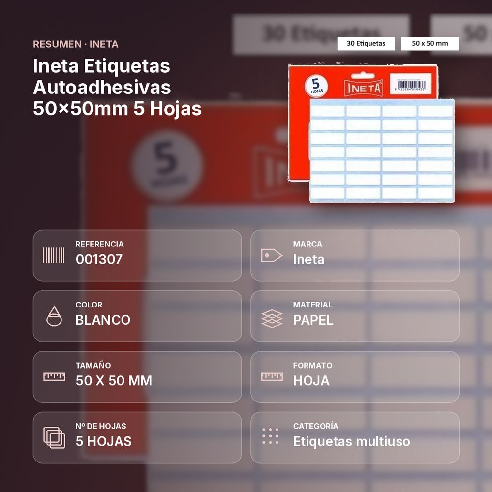 INETA ETIQUETAS AUTOADHESIVAS 50X50MM 5 HOJAS - resumen de atributos