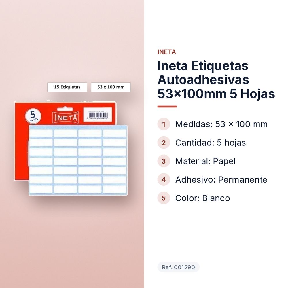 INETA ETIQUETAS AUTOADHESIVAS 53X100MM 5 HOJAS - características principales