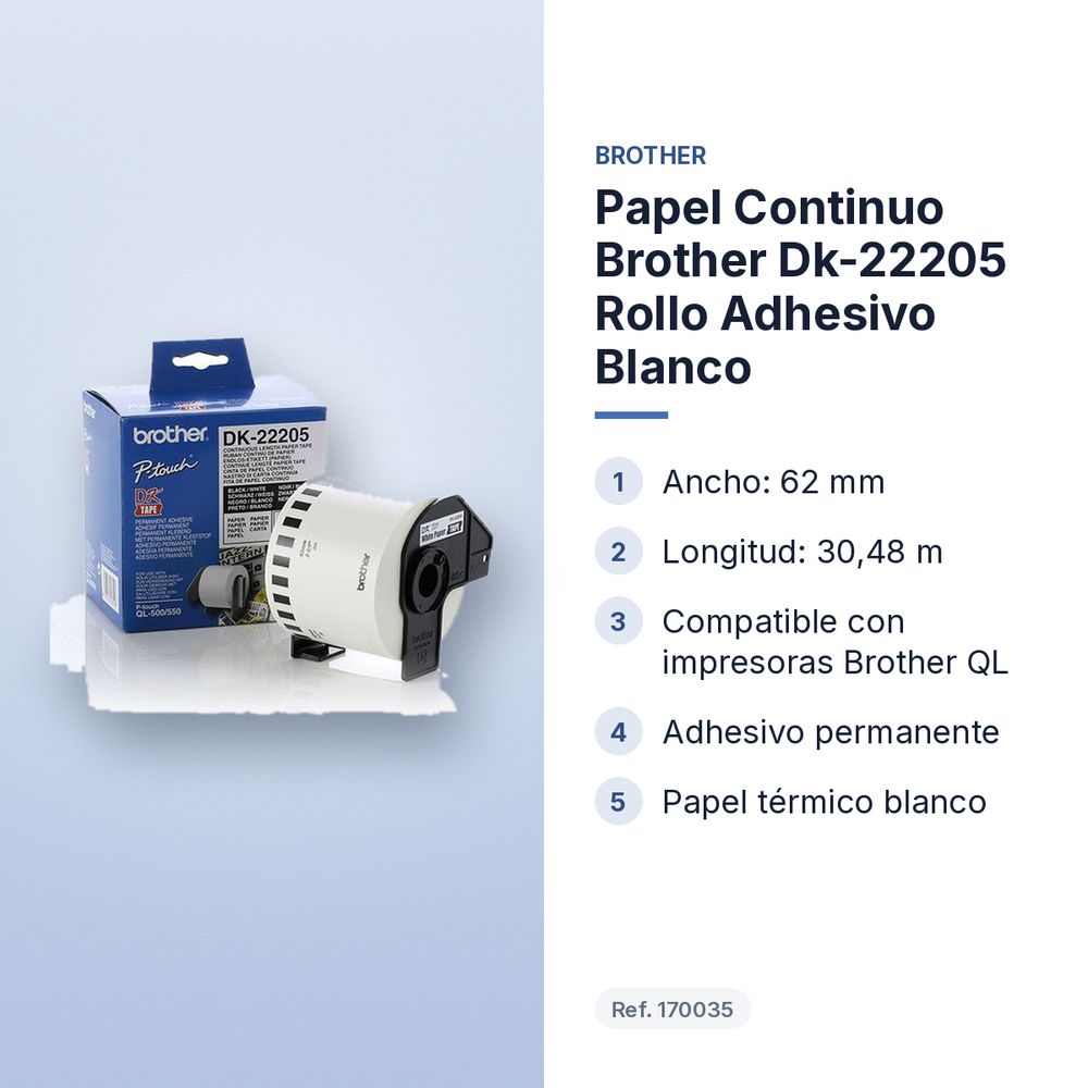 PAPEL CONTINUO BROTHER DK-22205 ROLLO ADHESIVO BLANCO - características principales
