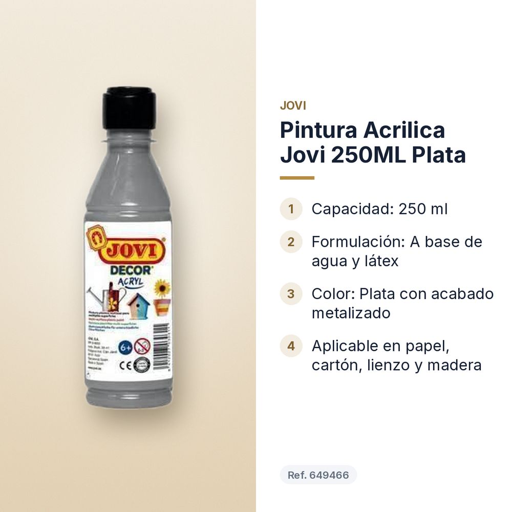 PINTURA ACRILICA JOVI 250ML PLATA - características principales