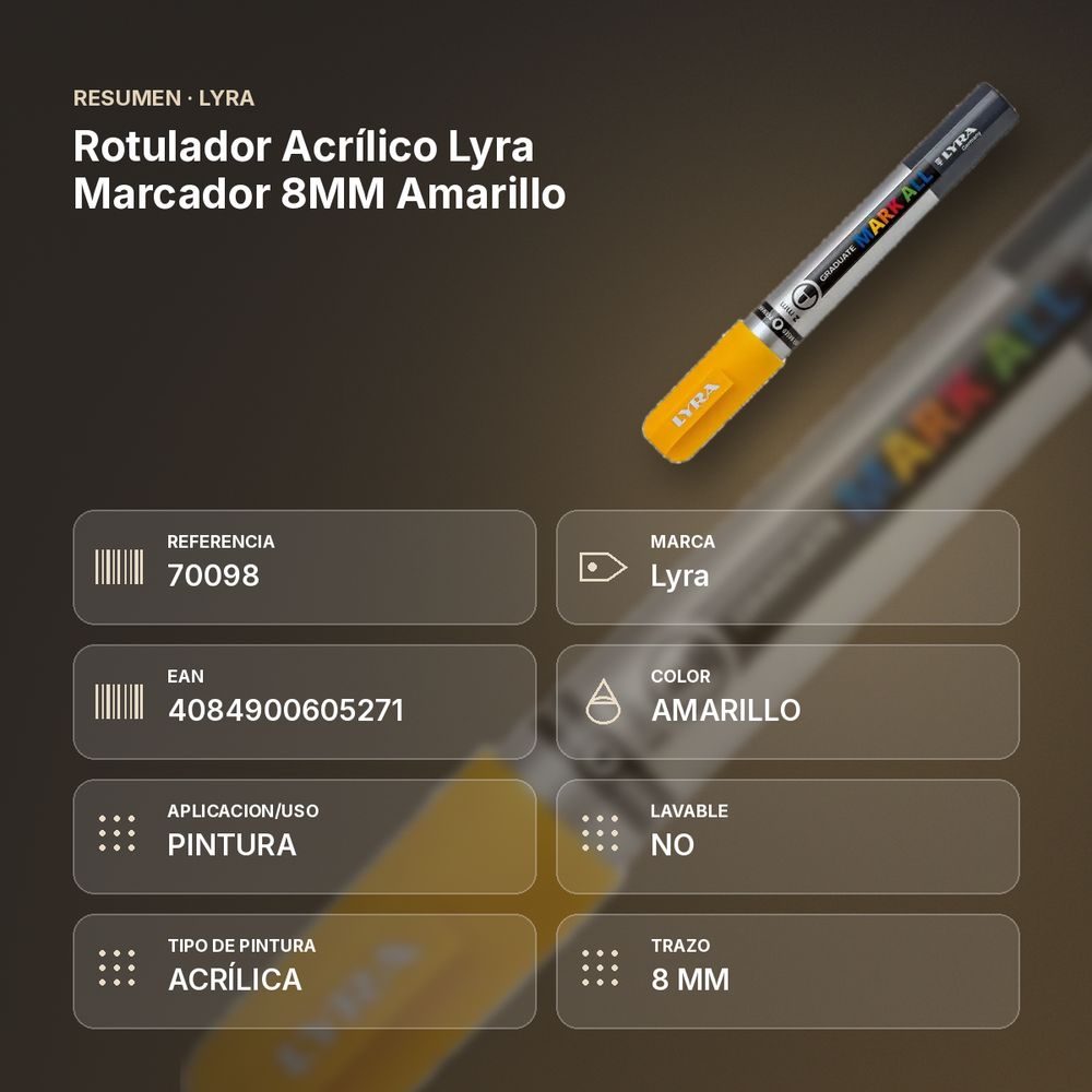 ROTULADOR ACRÍLICO LYRA MARCADOR 8MM AMARILLO - resumen de atributos