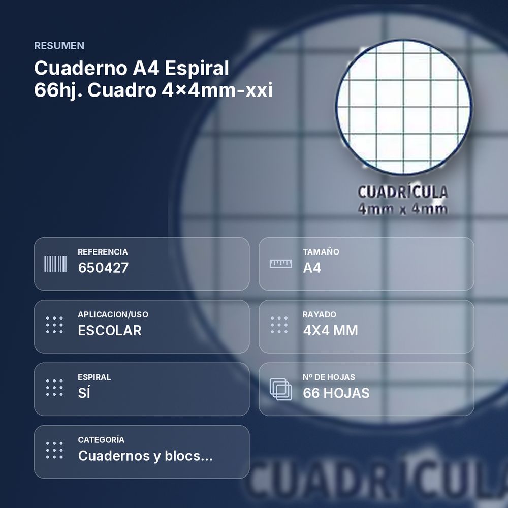 CUADERNO A4 ESPIRAL 66HJ. CUADRO 4X4MM-XXI - resumen de atributos