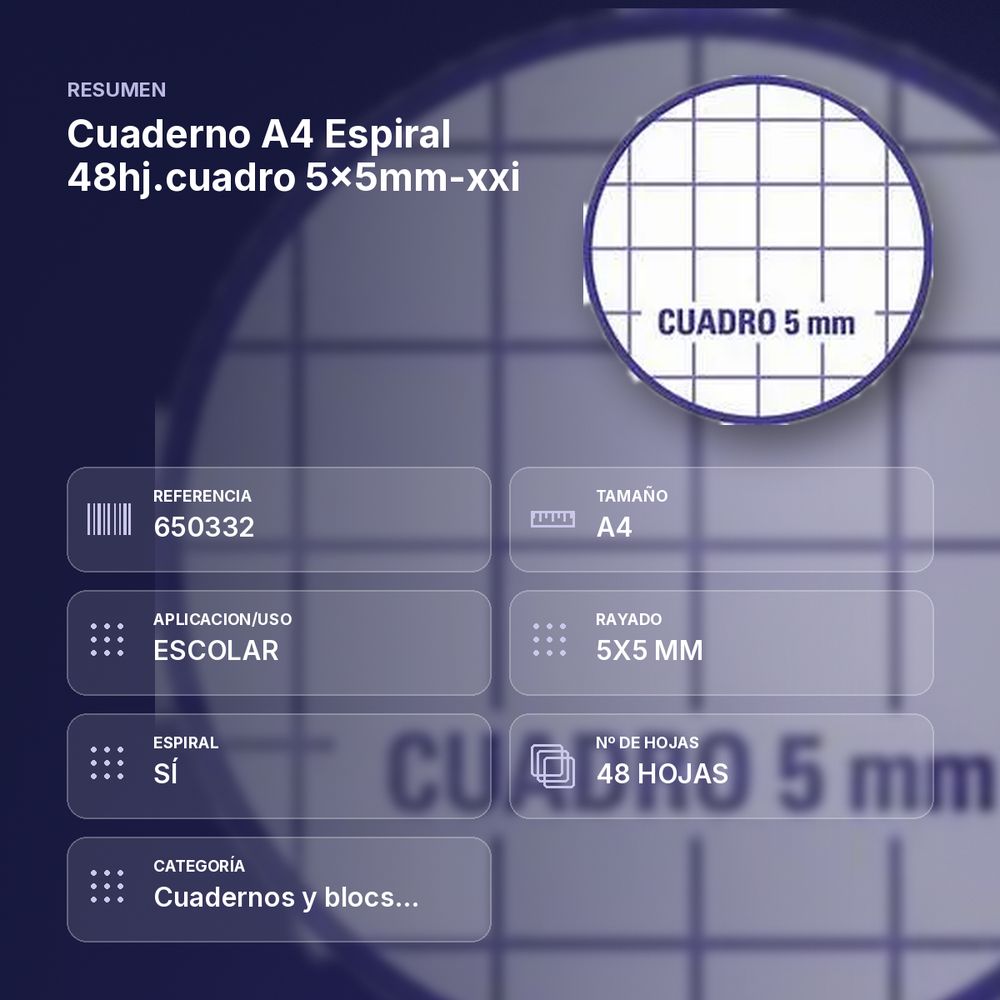 CUADERNO A4 ESPIRAL 48HJ.CUADRO 5X5MM-XXI - resumen de atributos