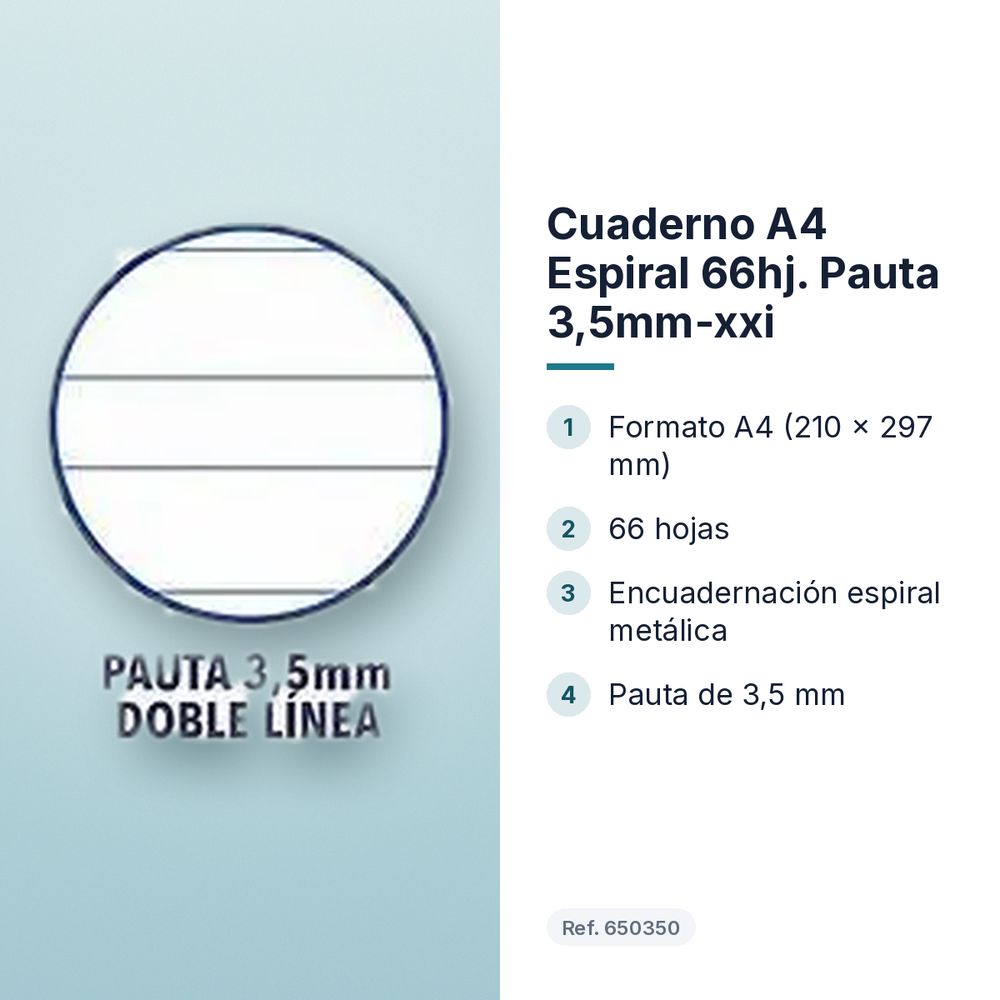 CUADERNO A4 ESPIRAL 66HJ. PAUTA 3,5MM-XXI - características principales