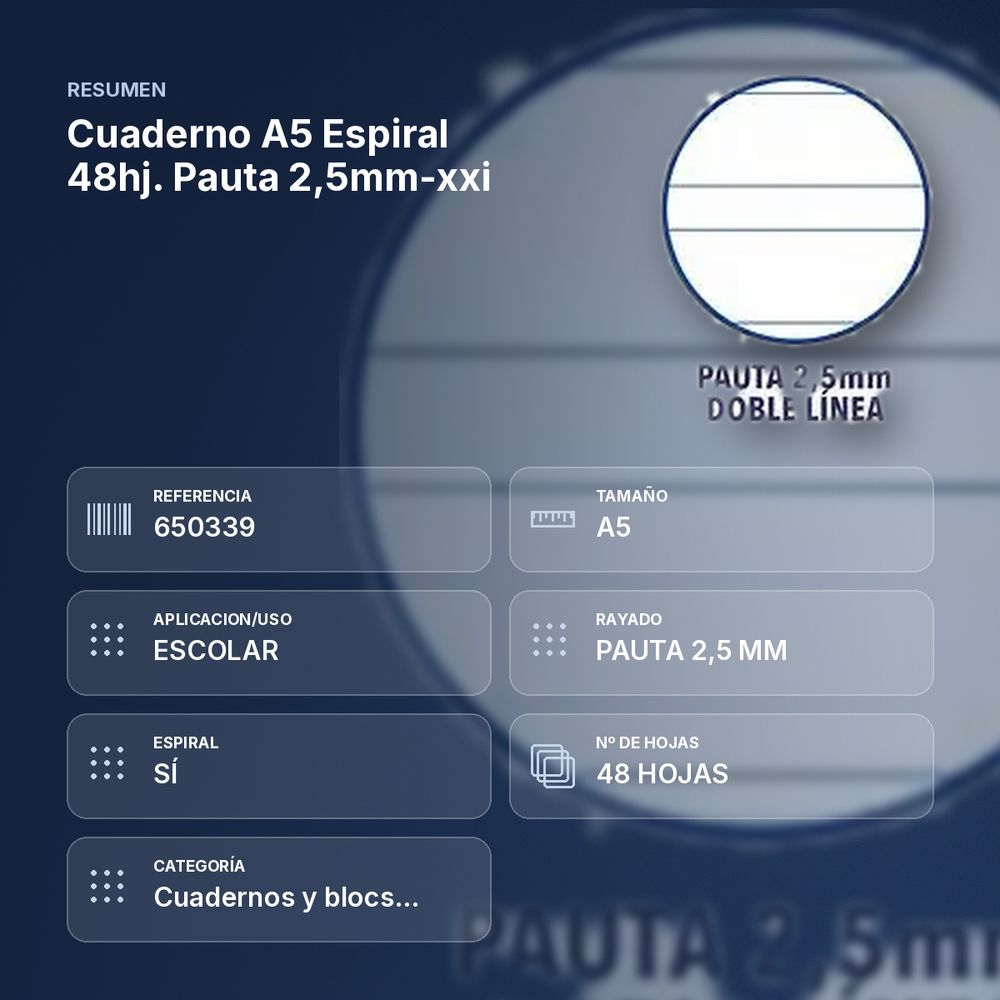 CUADERNO A5 ESPIRAL 48HJ. PAUTA 2,5MM-XXI  - resumen de atributos