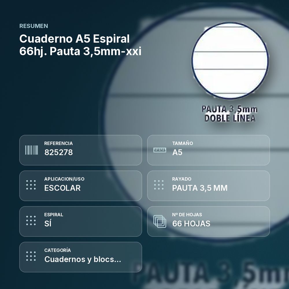CUADERNO A5 ESPIRAL 66HJ. PAUTA 3,5MM-XXI  - resumen de atributos
