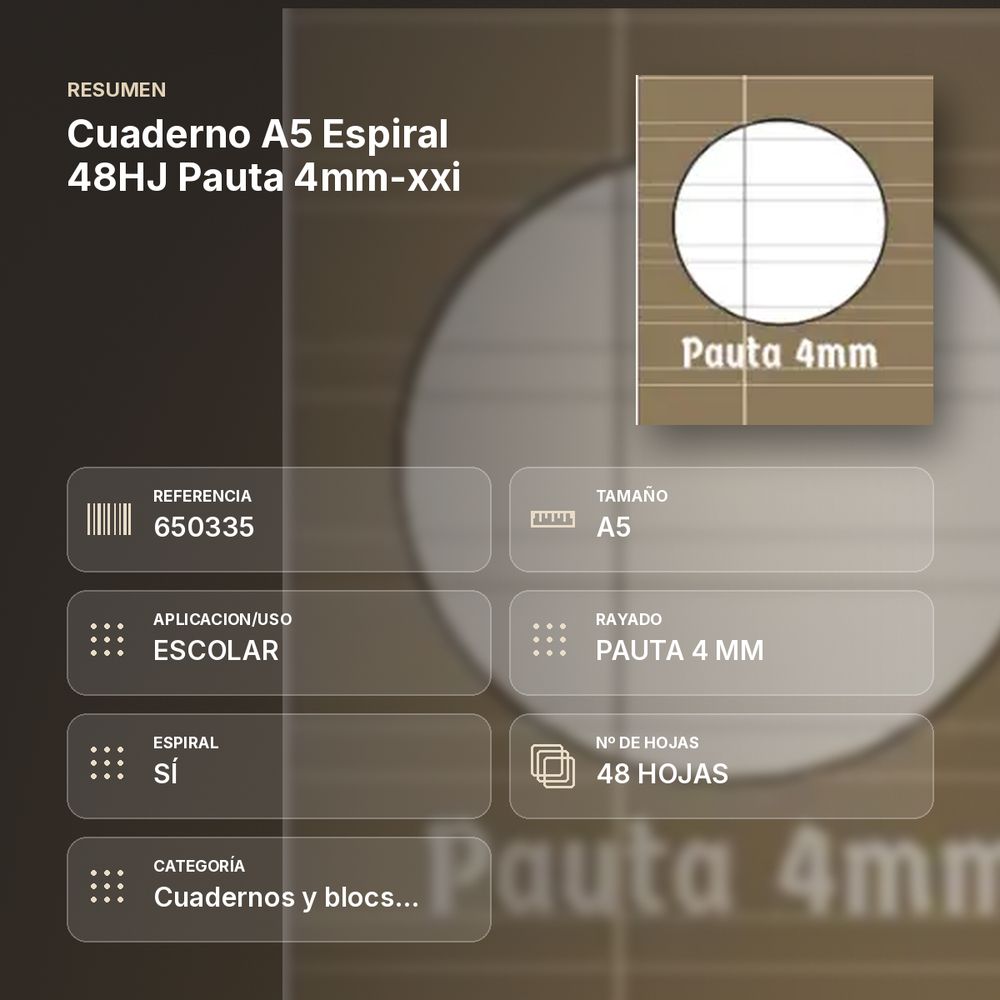 CUADERNO A5 ESPIRAL 48HJ PAUTA 4MM-XXI - resumen de atributos
