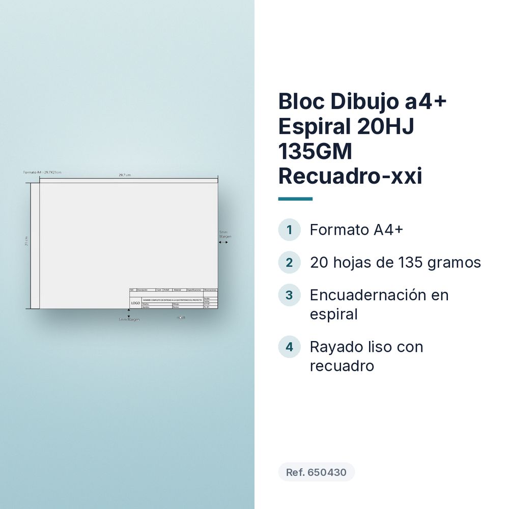 BLOC DIBUJO A4+ ESPIRAL 20HJ 135GM RECUADRO-XXI - características principales
