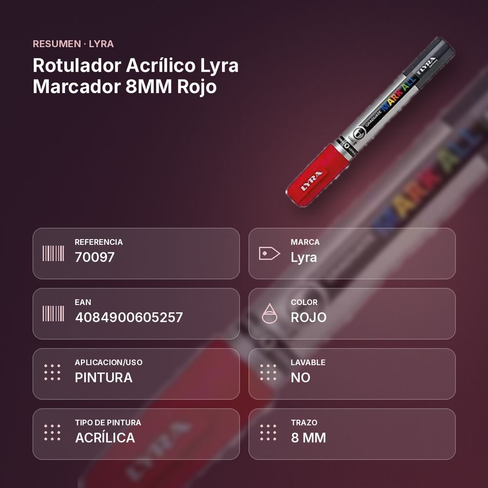 ROTULADOR ACRÍLICO LYRA MARCADOR 8MM ROJO  - resumen de atributos