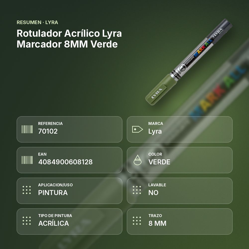ROTULADOR ACRÍLICO LYRA MARCADOR 8MM VERDE  - resumen de atributos
