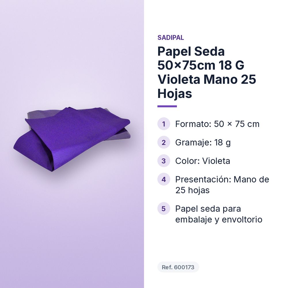 PAPEL SEDA 50×75CM 18 G VIOLETA MANO 25 HOJAS - características principales