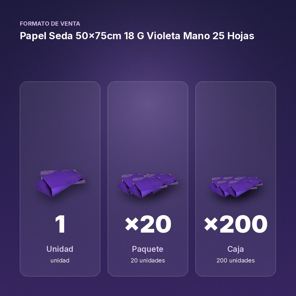 PAPEL SEDA 50×75CM 18 G VIOLETA MANO 25 HOJAS - formato de venta: paquete de 20, caja de 200