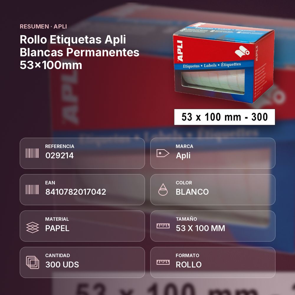 ROLLO ETIQUETAS APLI BLANCAS PERMANENTES 53X100MM - resumen de atributos