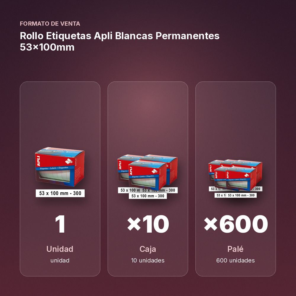 ROLLO ETIQUETAS APLI BLANCAS PERMANENTES 53X100MM - formato de venta: caja de 10, palé de 600