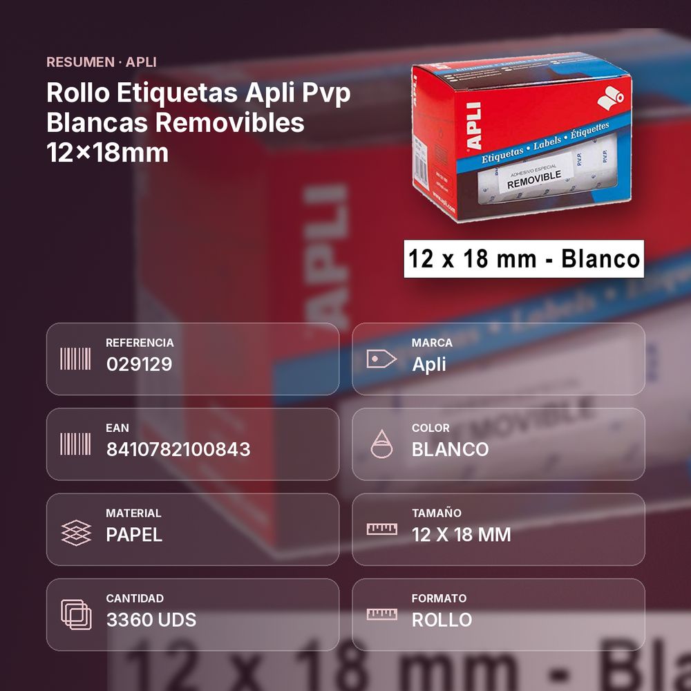 ROLLO ETIQUETAS APLI PVP BLANCAS REMOVIBLES 12X18MM - resumen de atributos