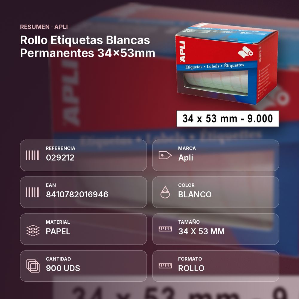 ROLLO ETIQUETAS BLANCAS PERMANENTES 34X53MM - resumen de atributos
