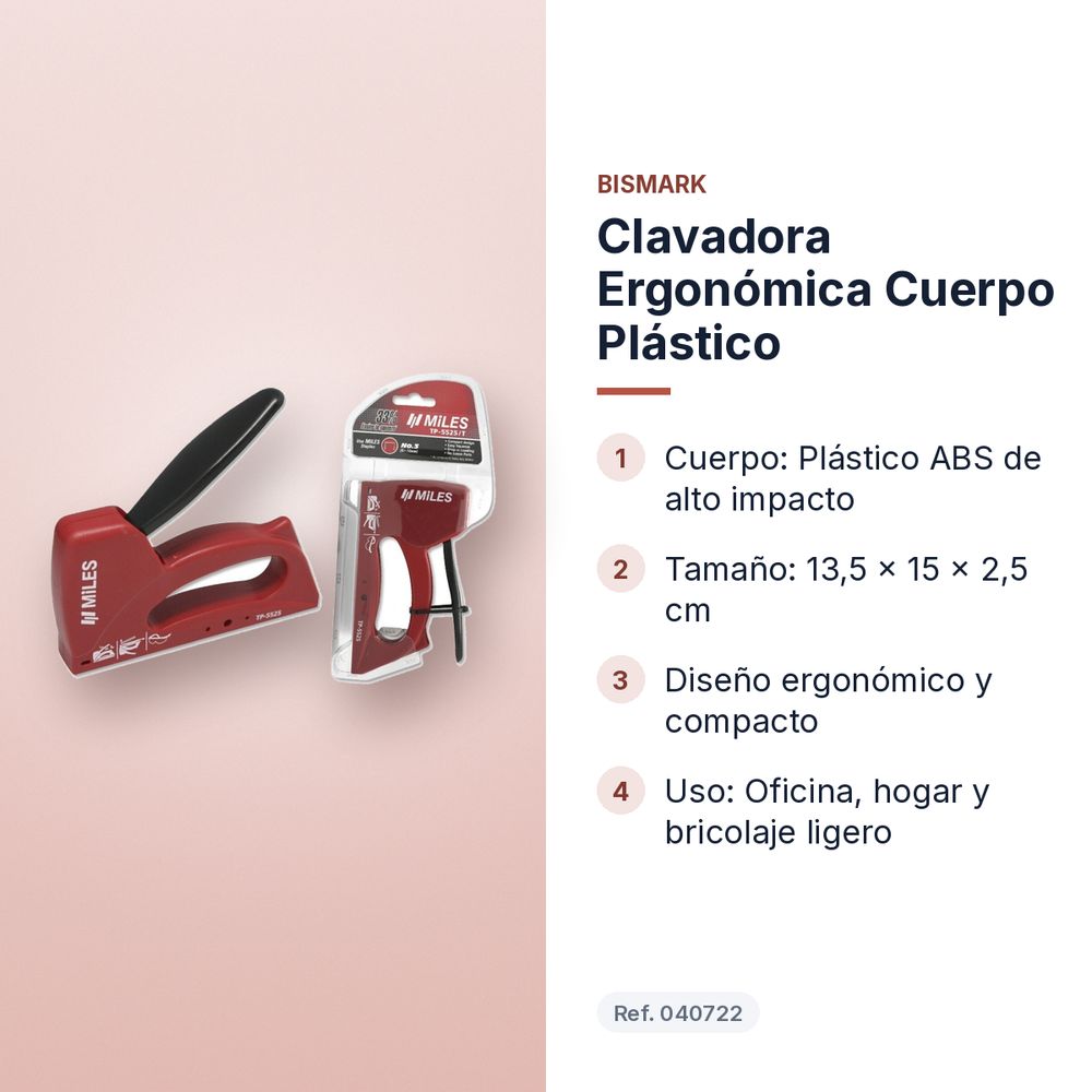 CLAVADORA ERGONÓMICA CUERPO PLÁSTICO - características principales