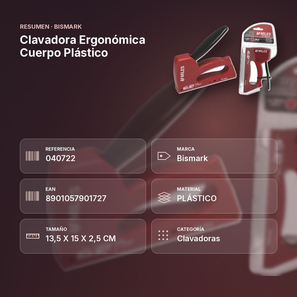 CLAVADORA ERGONÓMICA CUERPO PLÁSTICO - resumen de atributos