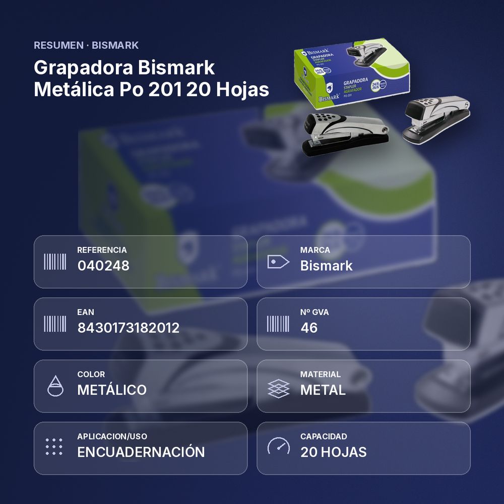 GRAPADORA BISMARK METÁLICA PO 201 20 HOJAS - resumen de atributos