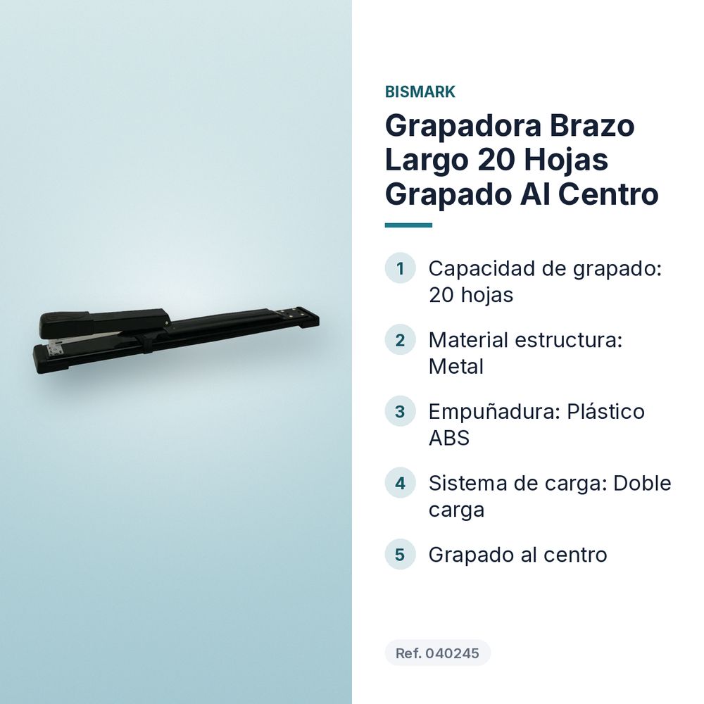 GRAPADORA BRAZO LARGO 20 HOJAS GRAPADO AL CENTRO - características principales