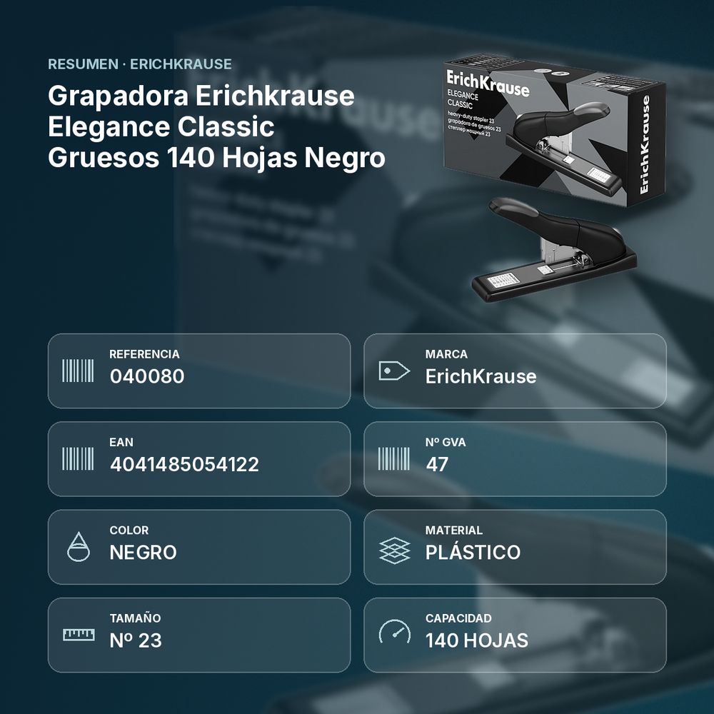 GRAPADORA ERICHKRAUSE ELEGANCE CLASSIC GRUESOS 140 HOJAS NEGRO - resumen de atributos