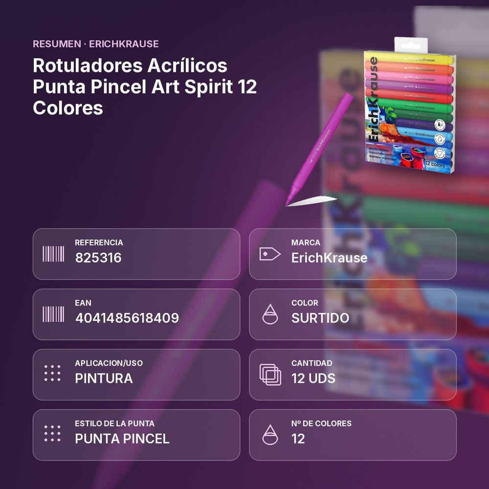 ROTULADORES ACRÍLICOS PUNTA PINCEL ART SPIRIT 12 COLORES - resumen de atributos