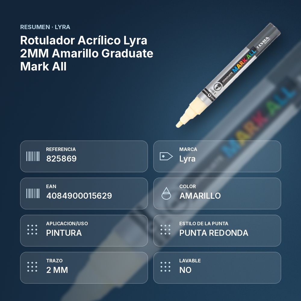 ROTULADOR ACRÍLICO LYRA 2MM AMARILLO GRADUATE MARK ALL  - resumen de atributos