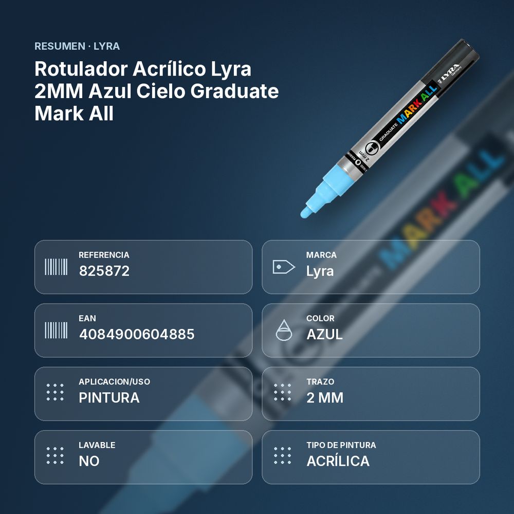 ROTULADOR ACRÍLICO LYRA 2MM AZUL CIELO GRADUATE MARK ALL - resumen de atributos