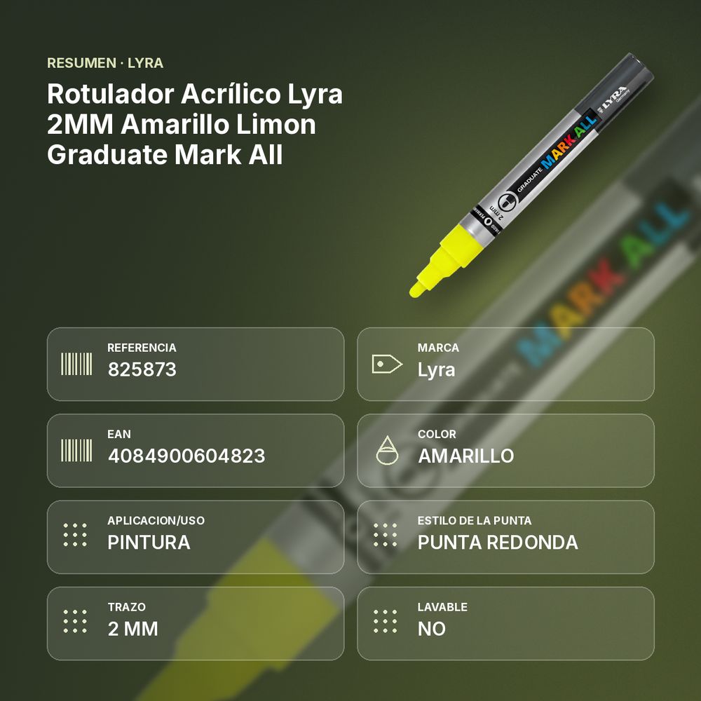 ROTULADOR ACRÍLICO LYRA 2MM AMARILLO LIMON GRADUATE MARK ALL  - resumen de atributos