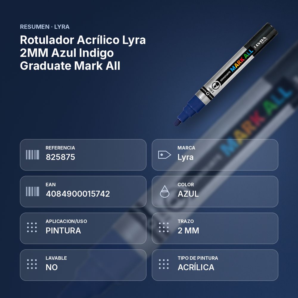 ROTULADOR ACRÍLICO LYRA 2MM AZUL INDIGO GRADUATE MARK ALL  - resumen de atributos