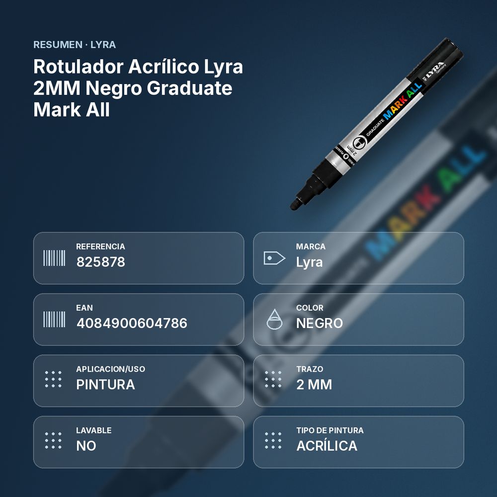 ROTULADOR ACRÍLICO LYRA 2MM NEGRO GRADUATE MARK ALL - resumen de atributos