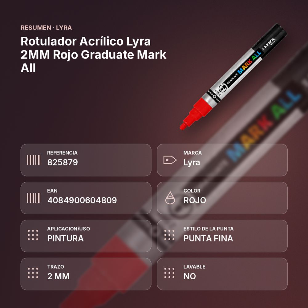 ROTULADOR ACRÍLICO LYRA 2MM ROJO GRADUATE MARK ALL - resumen de atributos