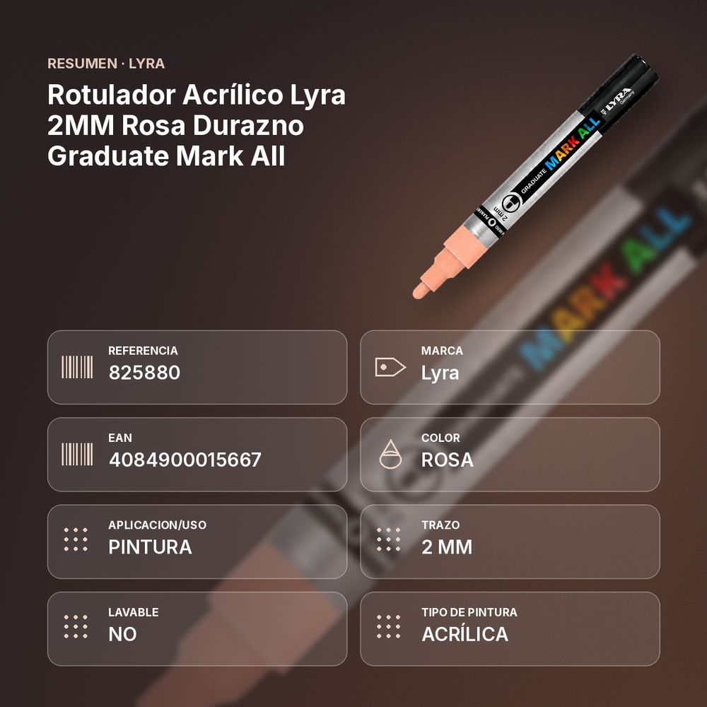ROTULADOR ACRÍLICO LYRA 2MM ROSA DURAZNO GRADUATE MARK ALL - resumen de atributos