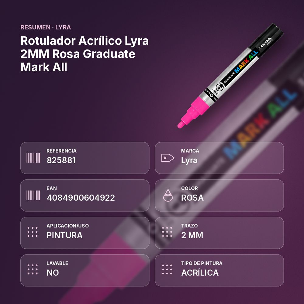 ROTULADOR ACRÍLICO LYRA 2MM ROSA GRADUATE MARK ALL - resumen de atributos