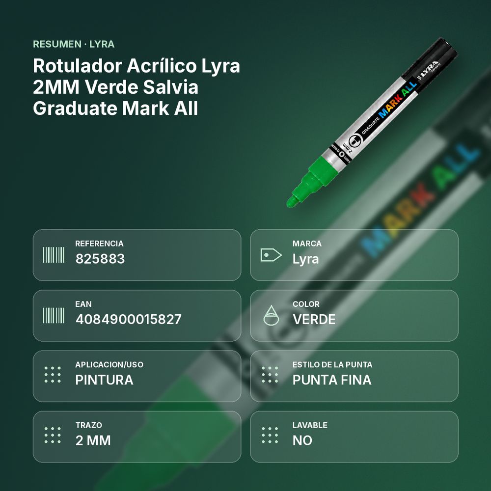 ROTULADOR ACRÍLICO LYRA 2MM VERDE SALVIA GRADUATE MARK ALL - resumen de atributos