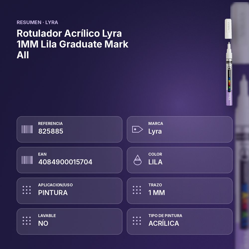 ROTULADOR ACRÍLICO LYRA 1MM LILA GRADUATE MARK ALL - resumen de atributos