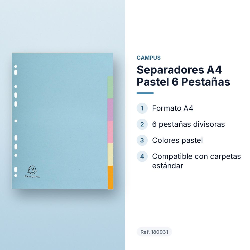 SEPARADORES A4 PASTEL 6 PESTAÑAS - características principales