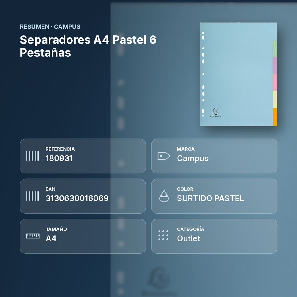 SEPARADORES A4 PASTEL 6 PESTAÑAS - resumen de atributos