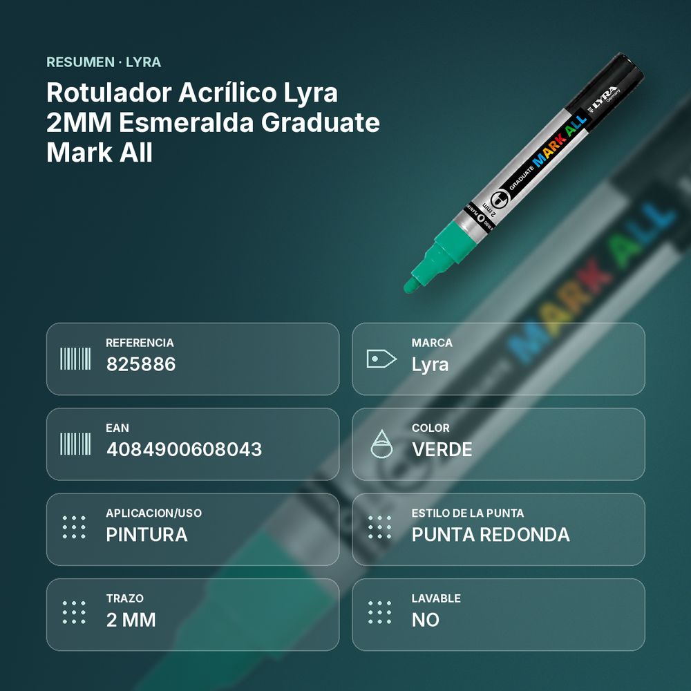 ROTULADOR ACRÍLICO LYRA 2MM ESMERALDA GRADUATE MARK ALL - resumen de atributos