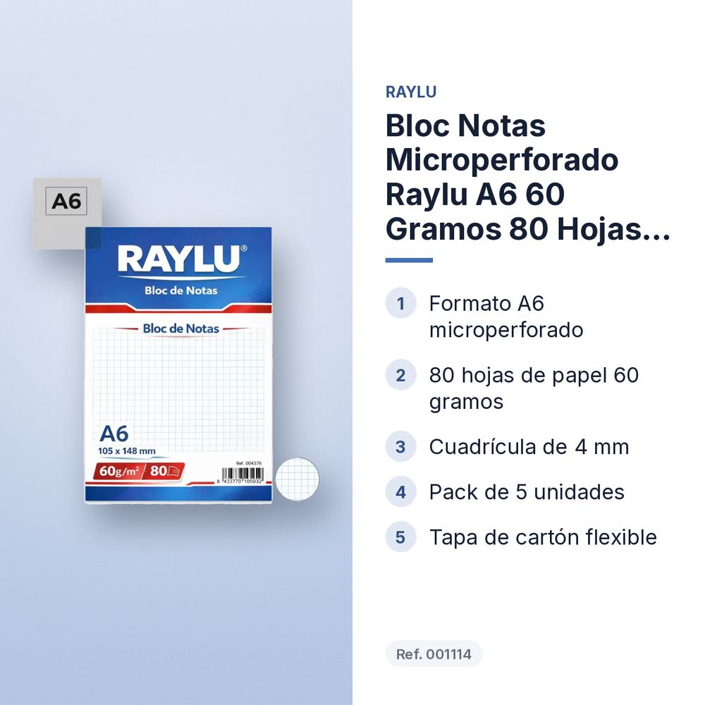 BLOC NOTAS MICROPERFORADO RAYLU A6 60 GRAMOS 80 HOJAS CUADRICULA DE 4 MM - características principales