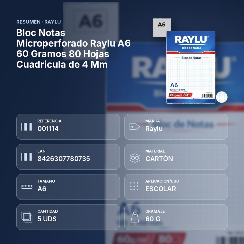 BLOC NOTAS MICROPERFORADO RAYLU A6 60 GRAMOS 80 HOJAS CUADRICULA DE 4 MM - resumen de atributos