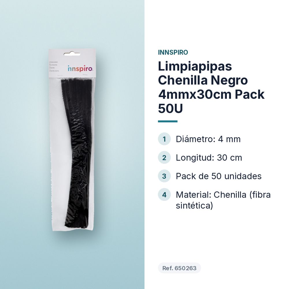 LIMPIAPIPAS CHENILLA NEGRO 4MMX30CM PACK 50U - características principales