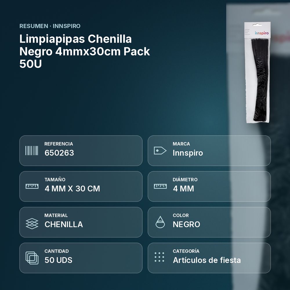 LIMPIAPIPAS CHENILLA NEGRO 4MMX30CM PACK 50U - resumen de atributos