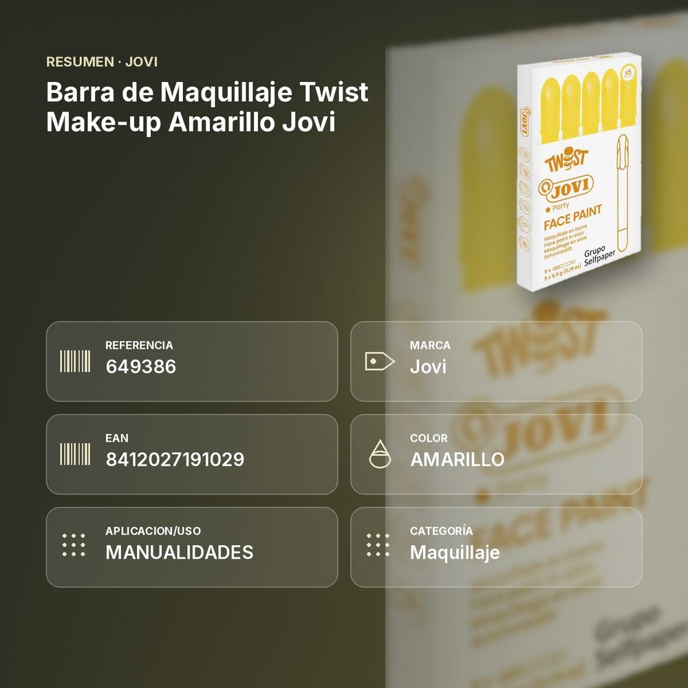 BARRA DE MAQUILLAJE TWIST MAKE-UP AMARILLO JOVI - resumen de atributos